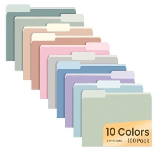 SUNEE File Folders Letter Size 10 Pastel Colors, 100 Pack Manilla Folders 8.5 x 11 1/3-Cut Tabs, Colored File Folders Office Home School for Documents Files Paper