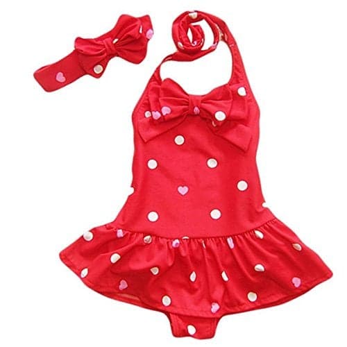 Jastore Baby Girls Swimwear One Piece Swimsuits Beach Wear with Headband (3-4T, Red)