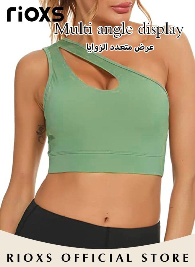 Women's One Shoulder Sports Bra, Wireless Padded Yoga Bras for Ladies, Breathable Halter Style Medium Support Workout Bra, Asymmetrical One Shoulder Workout Crop Tank Tops for Jogging Yoga, Cycling, Bowling, Tenis and More, Green