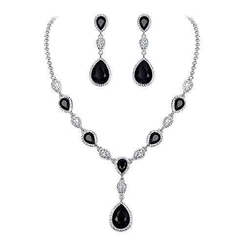 EleQueen Women's Cubic Zirconia Teardrop Y-Necklaces Dangle Earrings Sets for Brides Bridesmaids Black Silver-Tone