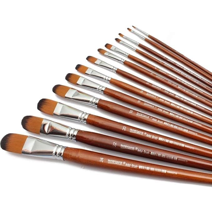 URBAN BOX 13 Pc Flat Synthetic Hair Long Handle Painting Brush for Acrylic Watercolor and Gouache PaintingWood