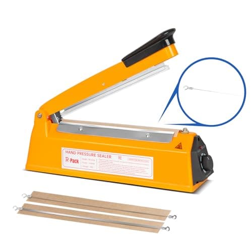 R-PACK Impulse Heat Sealer with Cutter, Heavy-Duty Bag Sealing & Cutting Machine, 2 Extra Replacements(Orange, 8inch)