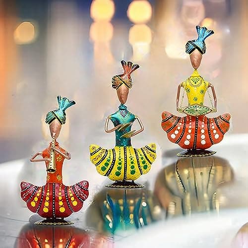 Kraftskala Metal Figurines for Home Decor, Traditional Rajasthani Musicians Pack of 3 Statues Home Decor Items for Living Room, Indoors (Gold Musicians)