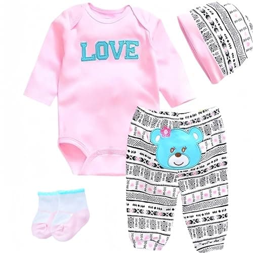 Reborn Baby Dolls Clothes Accessories Pink Outfit for 1722 Inch Reborn Newborn Baby Clothing Set Super Cute Bear Love 4pcs Set