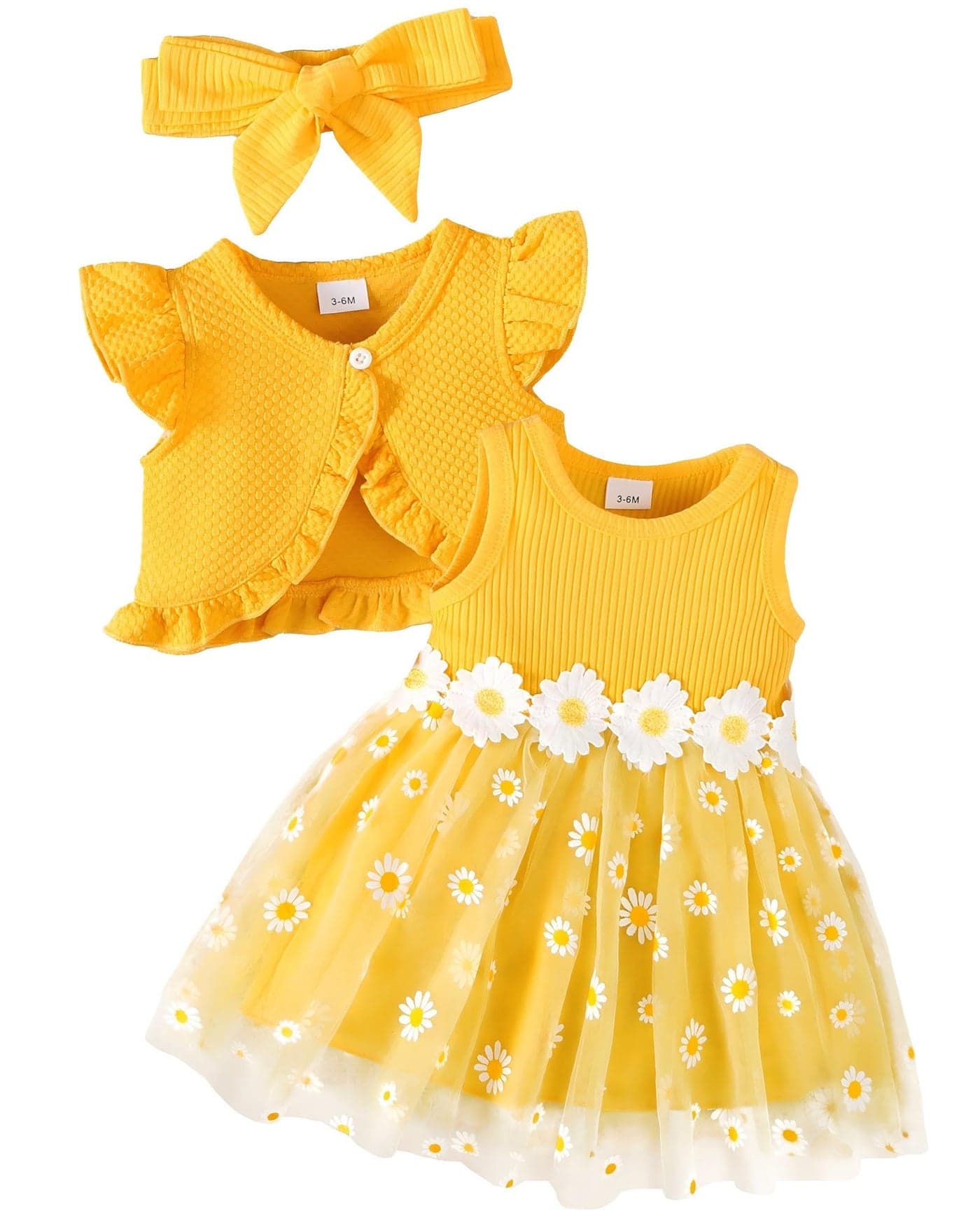 Renotemy Toddler Baby Girl Flower Dresses Yellow Daisy Dresses Sleeveless Tutu Dress With Ruffle Sleeveless Cardigan Set Birthday Party Princess Wedding Dress For Girl 12-18 Month Girls Summer Clothes
