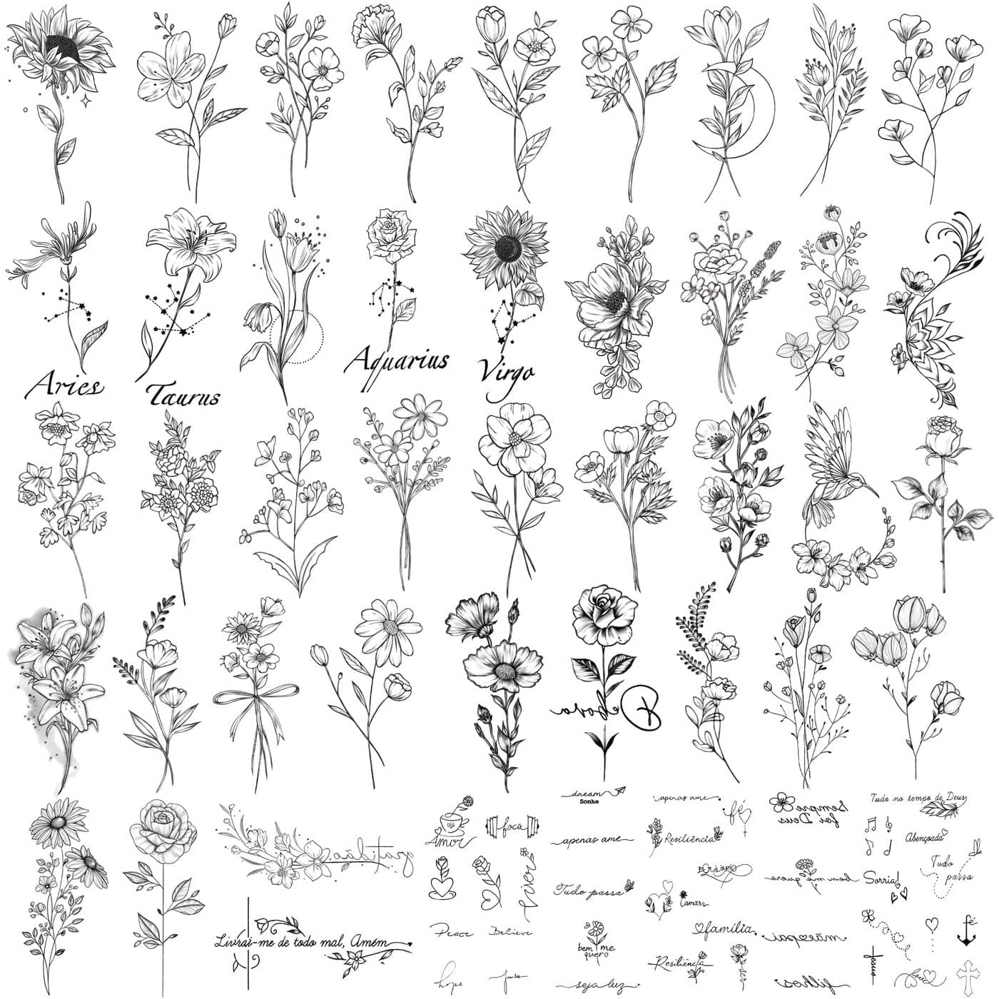 Waterproof Temporary Tattoo 90 Sheets Realistic Fake Tattoos 52 sheets Inspirational Words Tattoo stickers 38sheets Wild Flower Floral Rose Sunflower Bouquet Body Stickers for Adult Women Men Kids