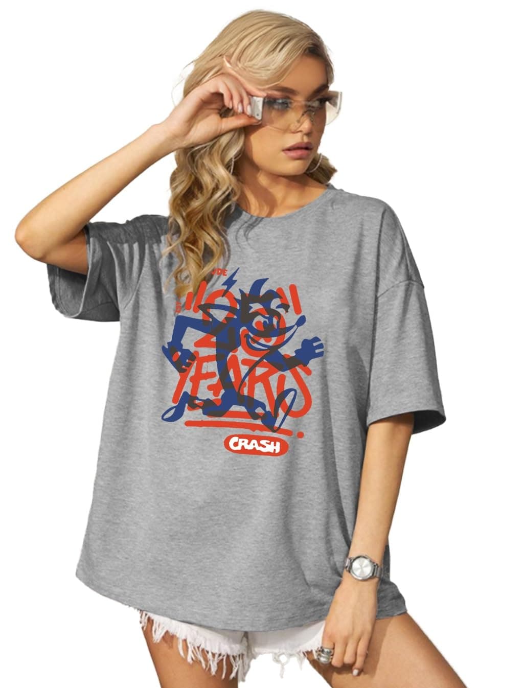 LEOTUDE Womens Oversized Round Neck Cottonblend Half Sleeve T-Shirts (GRL_FS49_Gry_CRSH_P_Grey_L)