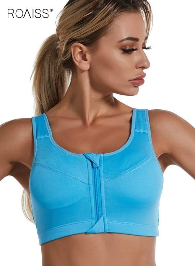 Women's Sports Lingerie, Double-Strap Wire-Free Padded Zipper Lingerie, Shock-Absorbing for Running, Yoga, and Fitness, Seamless Lingerie with Beautiful Back Design, Blue
