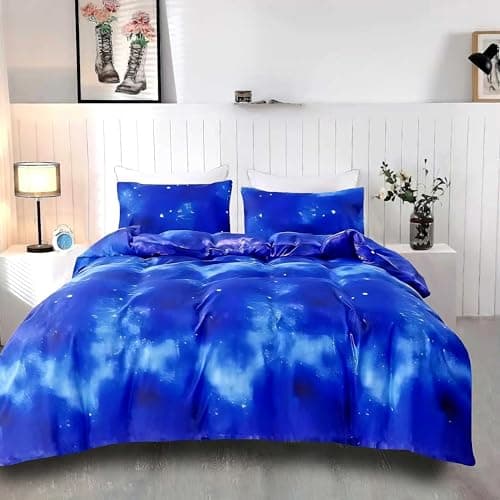 SDIII Blue Galaxy Duvet Cover Set Full with 2 Pillowcase, Not Including Comforter Inside, Space Bedding Duvet Cover Full with Zipper and Corner Ties