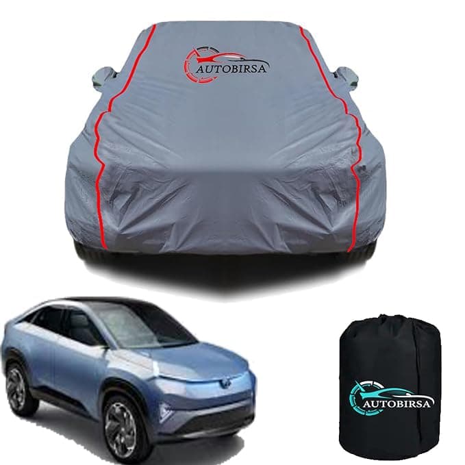 AUTOBIRSA Waterproof Car Cover Compatible with Tata Curvv EV Free Bag and Mirror with Antenna Pocket, 100% All Weather Proof Cover with Custom Fit Grey Colour.