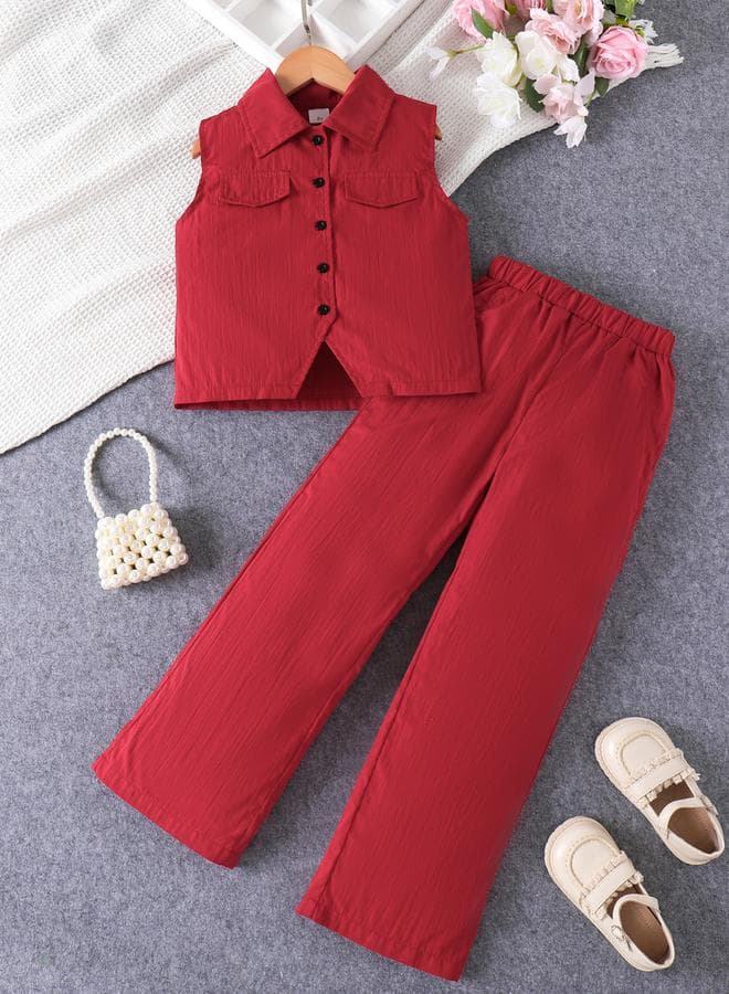 Girls Red Sleeveless Top And Pants Set