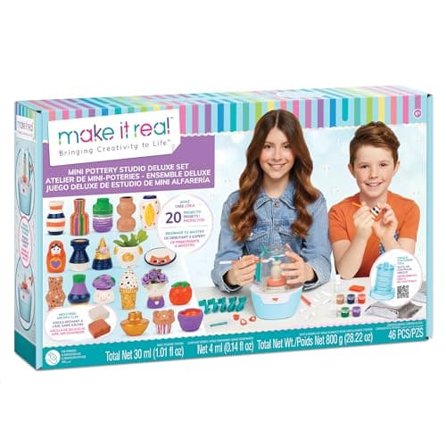 Make It Real Mini Pottery Studio Deluxe Set DIY Allin1 Sculpting Craft Kit All Skill Levels Miniature Clay Projects Kids Girls Tweens Age 8