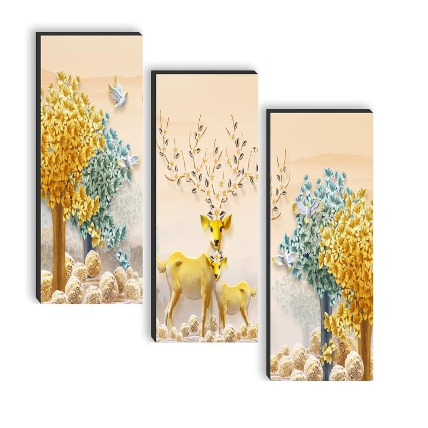 SAF paintings set of 3 Deer And Tree UV textured self adeshive wall painting for home decoration SANF-SJ90