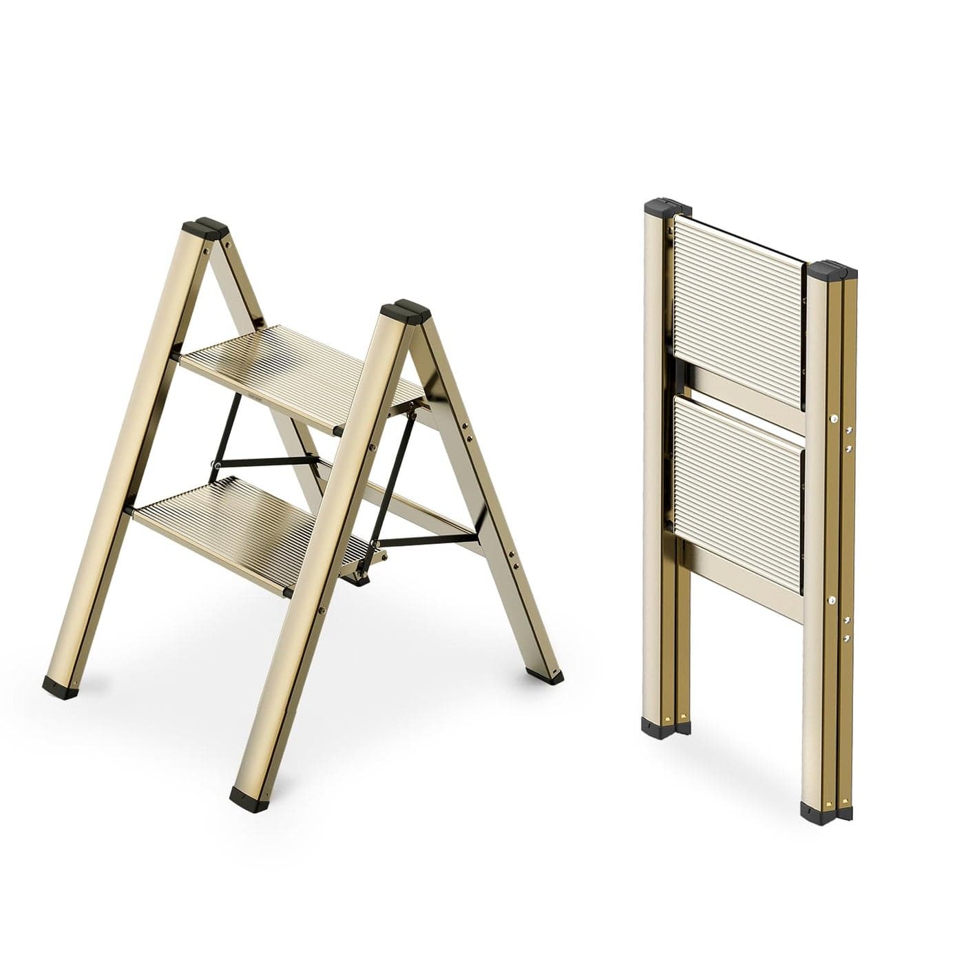 WOA WOA 2 Step Ladder Foldable Step Stool Aluminum Lightweight Ladder for Home Kitchen Closet AntiSlip Pedals Ease of Folding Portable 300lbs Capacity Gold