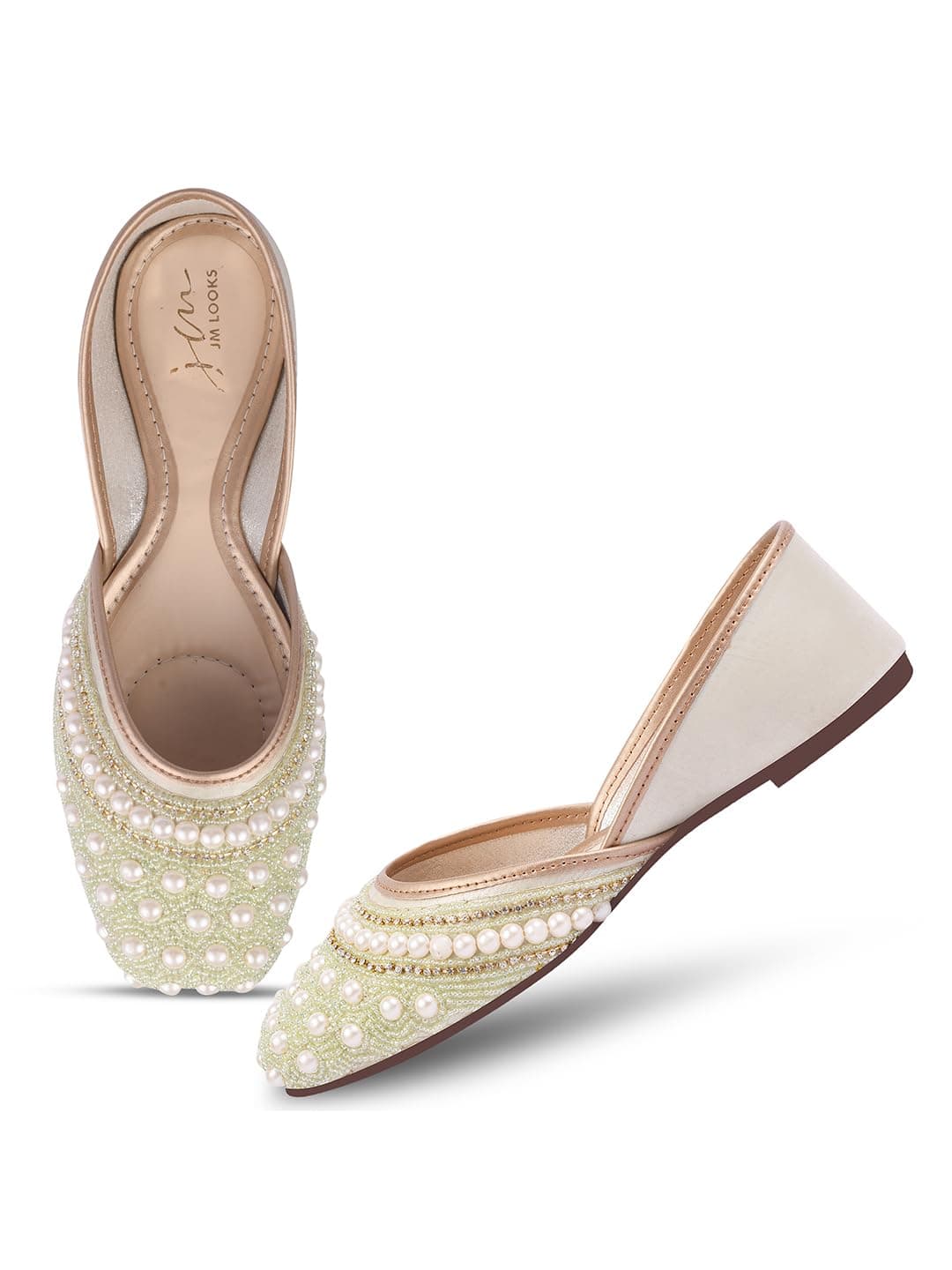 JM LOOKS Stylish Embroidered Jutti for Women/Girls | Embellished Stone Work Jutti | Wedding Bellies | Women Ethnic Shoe Traditional Mojari | Kolhapuri/Jaipuri/Punjabi Jutties | (Pista, 38)