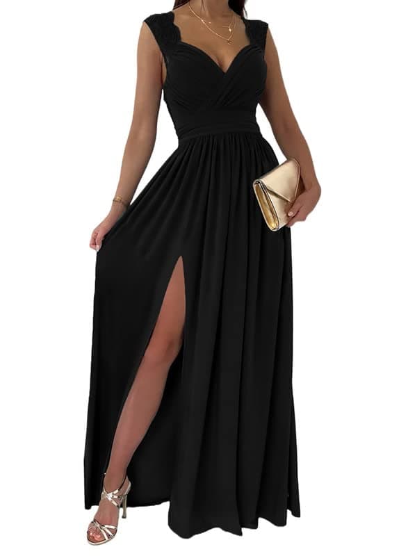 Dokotoo Womens Ladies Elegant Floor Length A Line Wrap Deep V Neck Backless Ruched Pleated Ruffled Split Long Maxi Formal Evening Party Prom Dress Bridesmaid Wedding Guest Dresses Black S