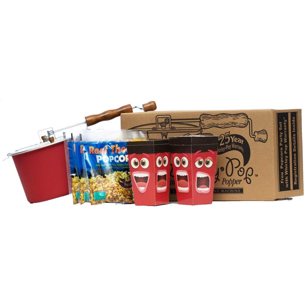 Original Whirley Pop Starter Pack Wabash Valley Farms Popcorn Kit Whirley Pop Popcorn Maker With 3 Movie Theater Popcorn Kits and 4 Movie Night Face Tubs Gourmet Popcorn Gift Sets Metal GearRed
