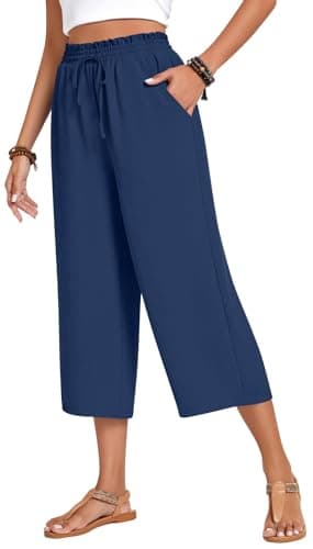 Anyhold Womens Capri Pants Loose High Waisted Wide Leg Lounge Pants Drawstring Casual Palazzo Trousers with Pockets X-Large, Navy