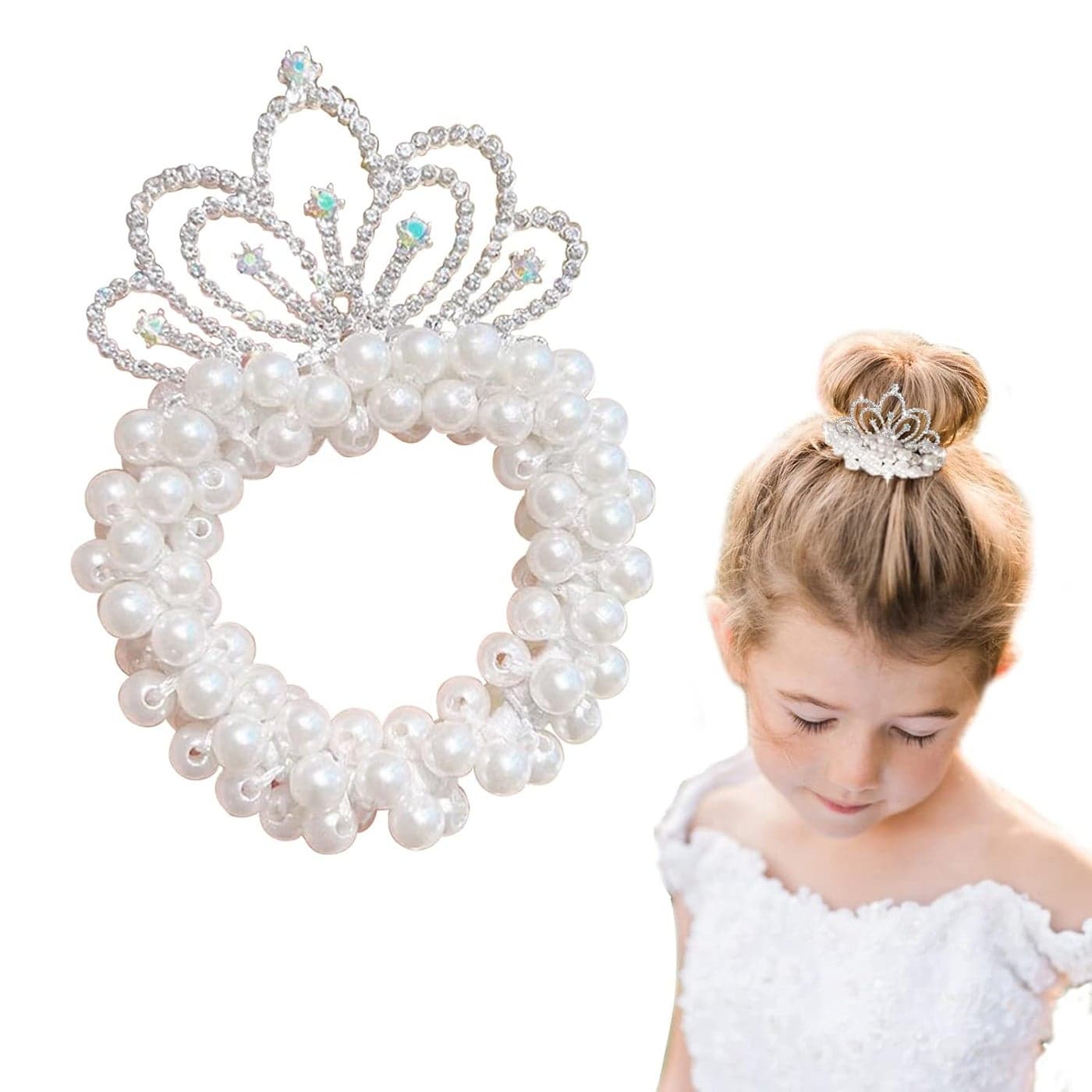 Baby Toddler Hair Ties Pearl Beads Hair Scrunchies with Crown Hair Ties Band Elastic Hari Bands Ponytail Holders Hair Accessories for Princess Crystal Shiny Tiaras Headbands Cloud