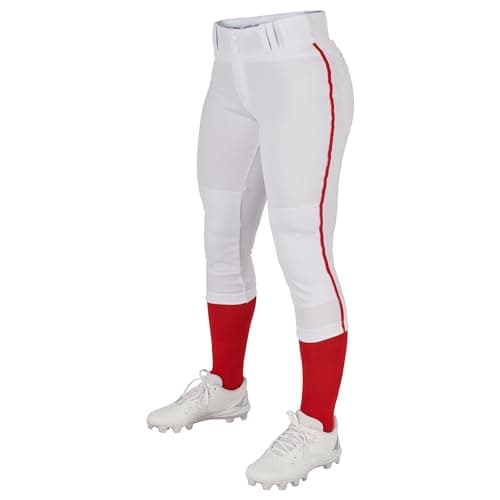Champro Girls' Standard Tournament Low-Rise Youth Softball Pants with Braid, White, Scarlet Pipe, Medium