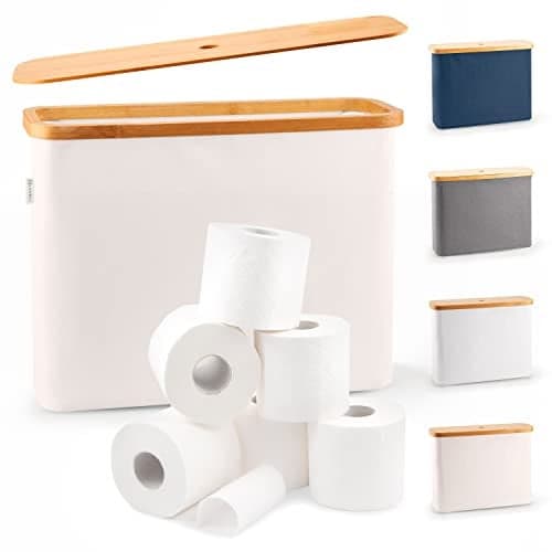LONBET Toilet Paper Storage for 12 Rolls Stackable Foldable The Ultimate Bathroom Organizer Waterproof Basket with Bamboo Lid Elegant Toilet Paper Storage Holder Beige