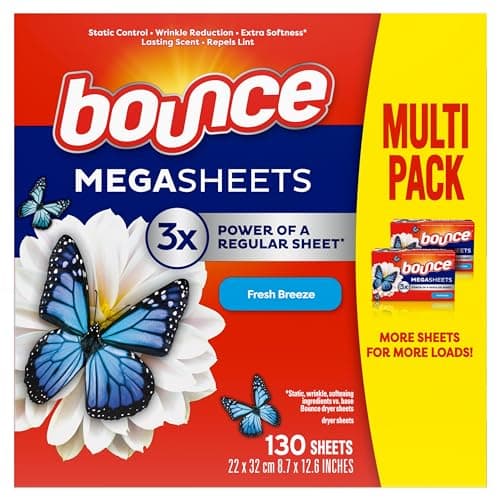 Bounce Mega Dryer Sheets, Fresh Breeze, 130 Count, Mega Fabric Softener Sheets with Static Control, Wrinkle Reduction, Extra Softness, Lasting Scent, Repels Lint