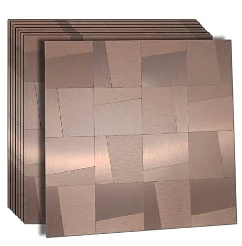 XUANINY Peel and Stick Metal Backsplash Tiles, Self Adhesive Aluminum Mosaic 3D Wall Sticker for Kitchen Bathroom Brushed Grey Decor (11.81"x11.81") (8 Ladder-Shaped Brushed Bronze)