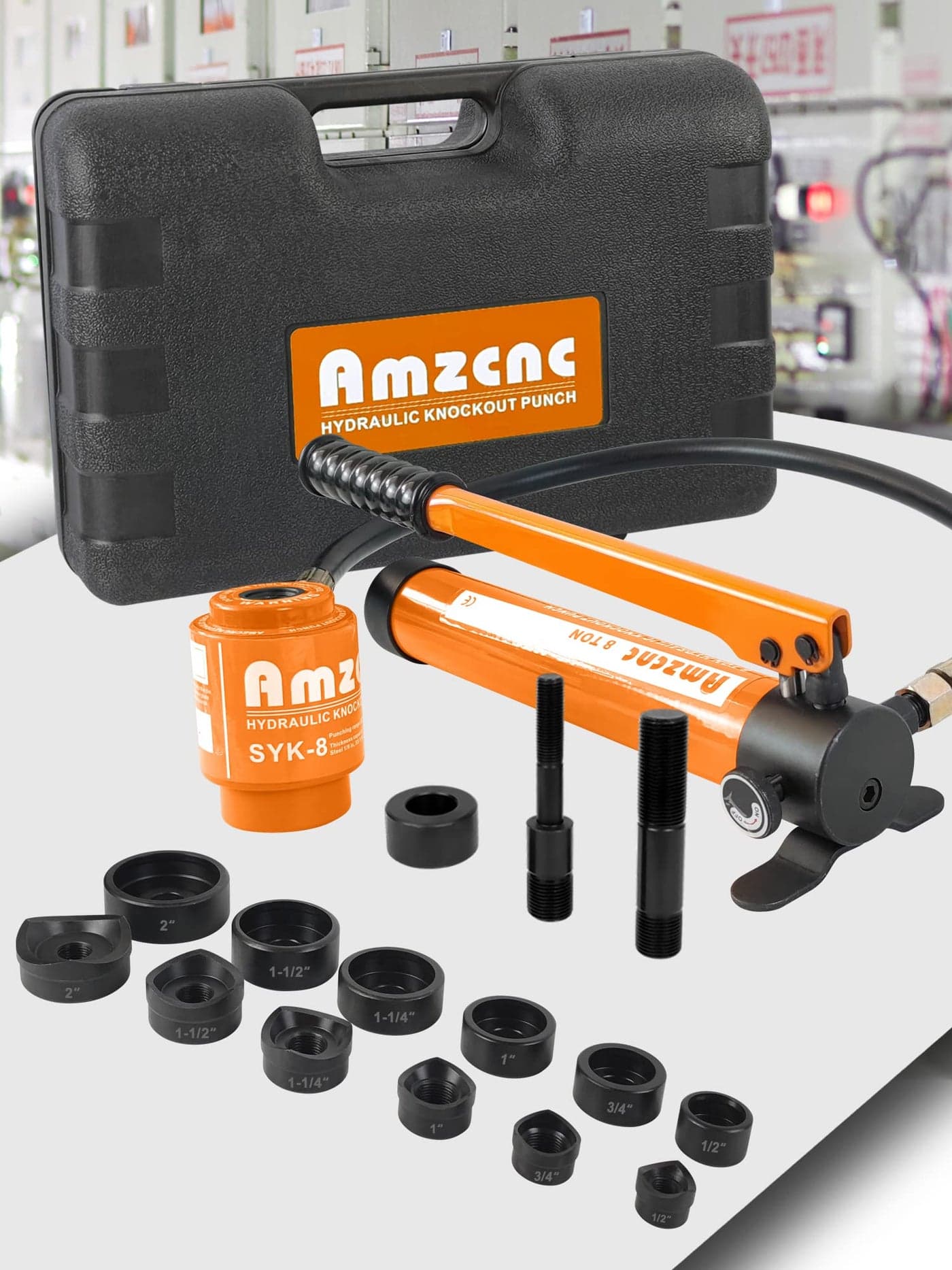 AMZCNC 8 Ton 1/2" to 2" Hydraulic Knockout Punch Driver Tool Kit Electrical Conduit Hole Cutter Set KO Tool Kit with 6 Dies Hole Complete Tool (Knockout Punches) (8T(1/2"~2"))