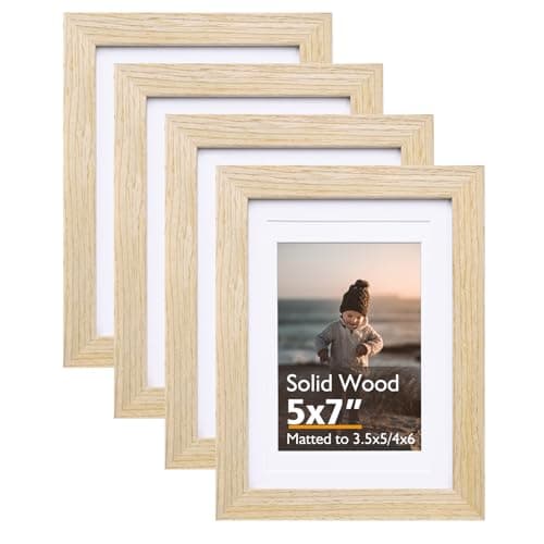 KINLINK 5x7 Picture Frame Natural, Solid Wood Frames with Acrylic Plexiglass for Pictures 3.5x5/4x6 with Mat or 5x7 without Mat, Tabletop and Wall Display Photo Frame, Set of 4
