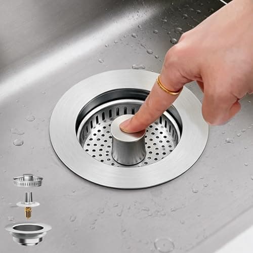 ChicHomey 3 in 1 Kitchen Sink Drain Strainer, Universal Pop Up Stopper with Brass Core & Removable Stainless Steel Filter Basket, Anti-Clogging Sink Drain Strainer for US Standard 3-1/2'' Drain Hole
