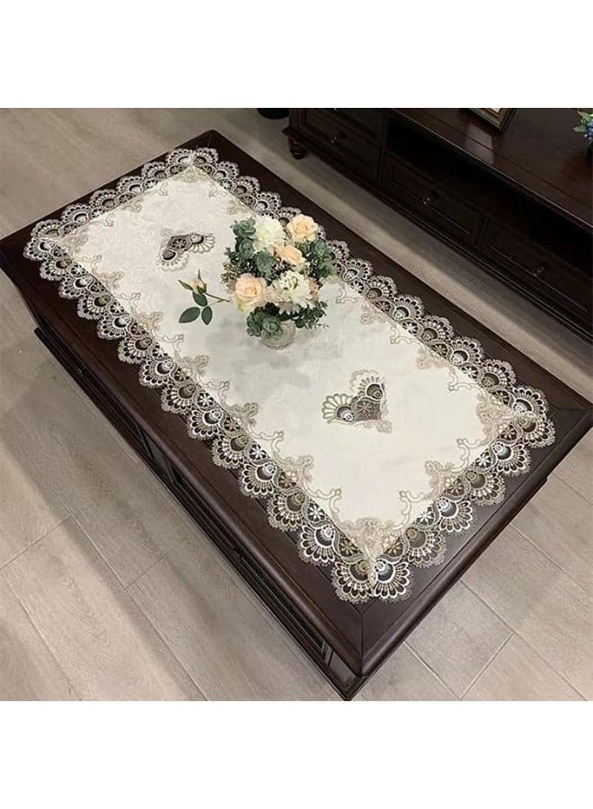 Beige Embroidered Coffee Table Cover Rectangular Dust Cover, Lace tablecloth rectangular for Dressers and Nightstand Scarf Antique Mantel Coffee Table Decoration(20''X43'')