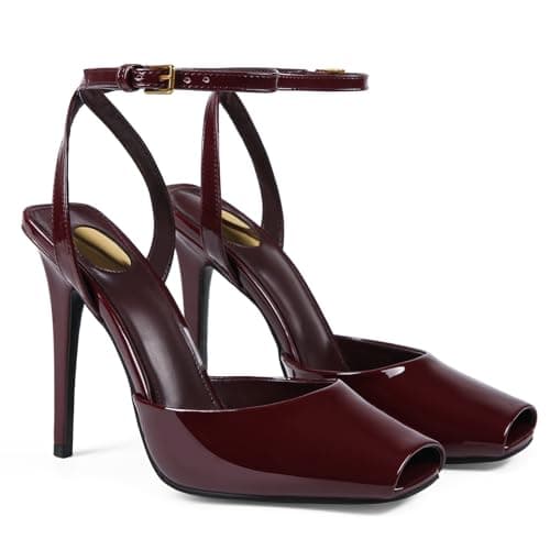CAGLGLZ Square Open Toe Heeled Sandals for Women Patent Leather Stiletto High Heels Peep Toe Ankle Strap Backless Pumps Fashion Casual Dressy Party Shoes(Burgundy,6.5)