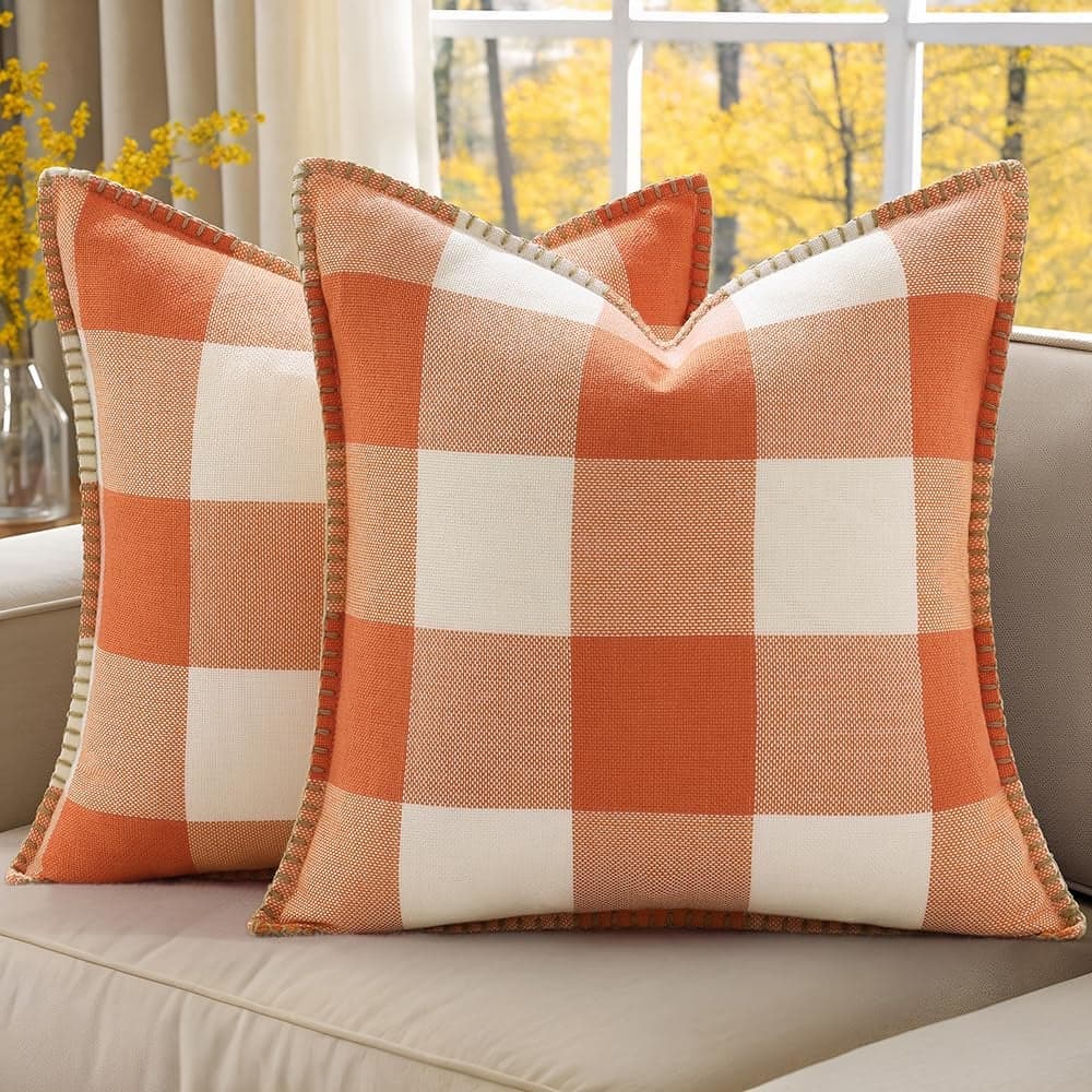 decorUhome Spring Buffalo Plaid Check Throw Pillow Covers 20x20 Set of 2 Outdoor Linen Decorative Farmhouse Gingham Pillow Covers with Stitched Edge for Bed Couch Sofa Orange and White