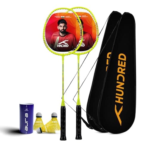Hundred Powertek 200 Aluminium Badminton Racket Combo, 2 Strung Rackets with 2 Full Covers & 3 Aura Nylon Shuttlecocks, Lightweight Shuttle Bats for Match Play - Neon Green
