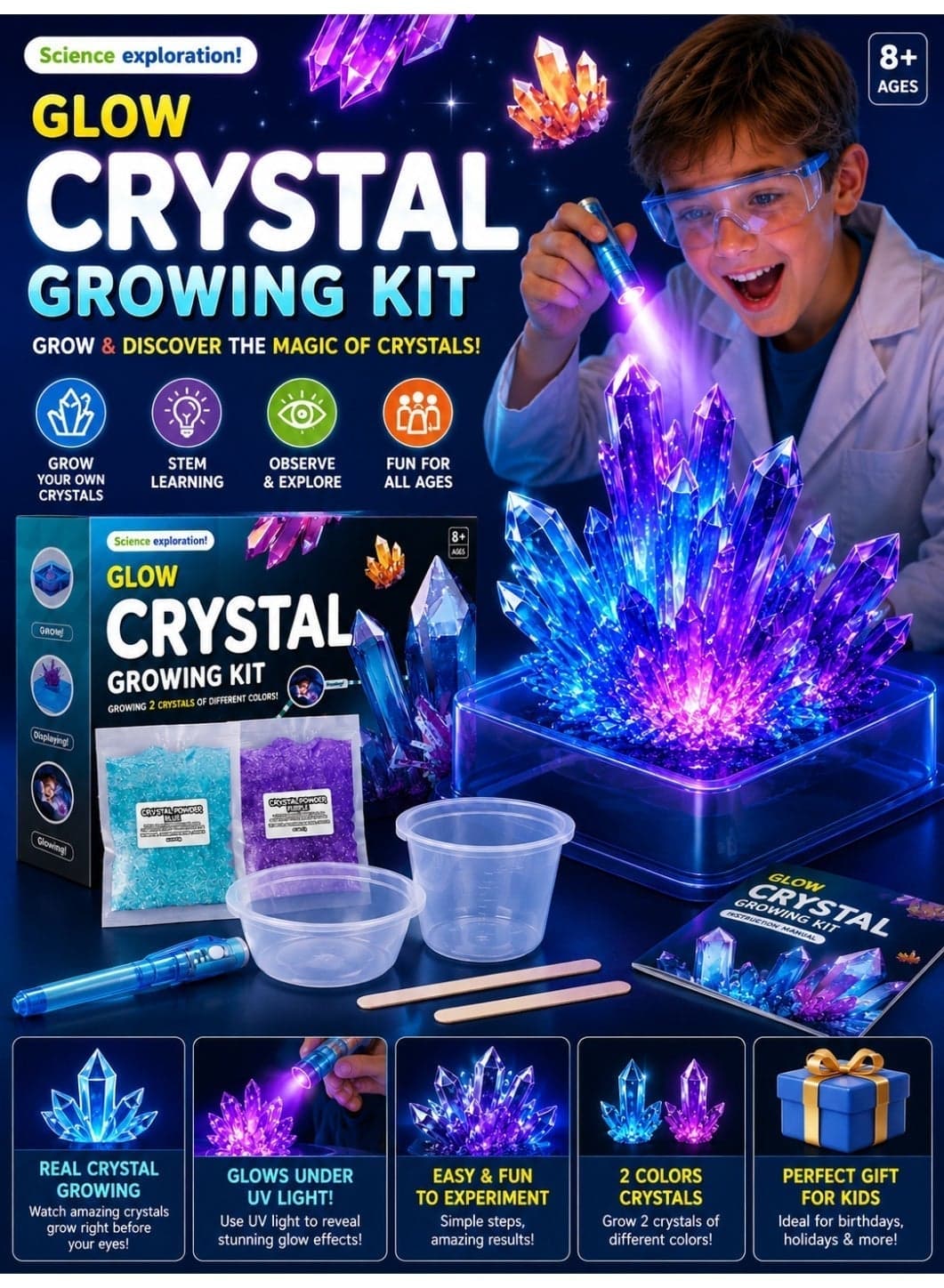 Glow Crystal Growing Kit for Kids - Grow 2 Vibrant Crystals (Blue & Purple) with UV Light, STEM Science Experiment Kit for Boys & Girls Ages 8+, Educational DIY Crystal Making Set with Display Base & Guide Book