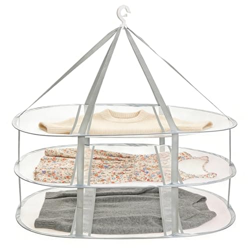 Aiokuo 3-Tier Folding Mesh Clothes Drying Rack, Hanging Sweater Dryer for Laundry, Large Foldable Flat Dry Hanger, Portable Mesh Clothes Drying Net for Delicate Garments
