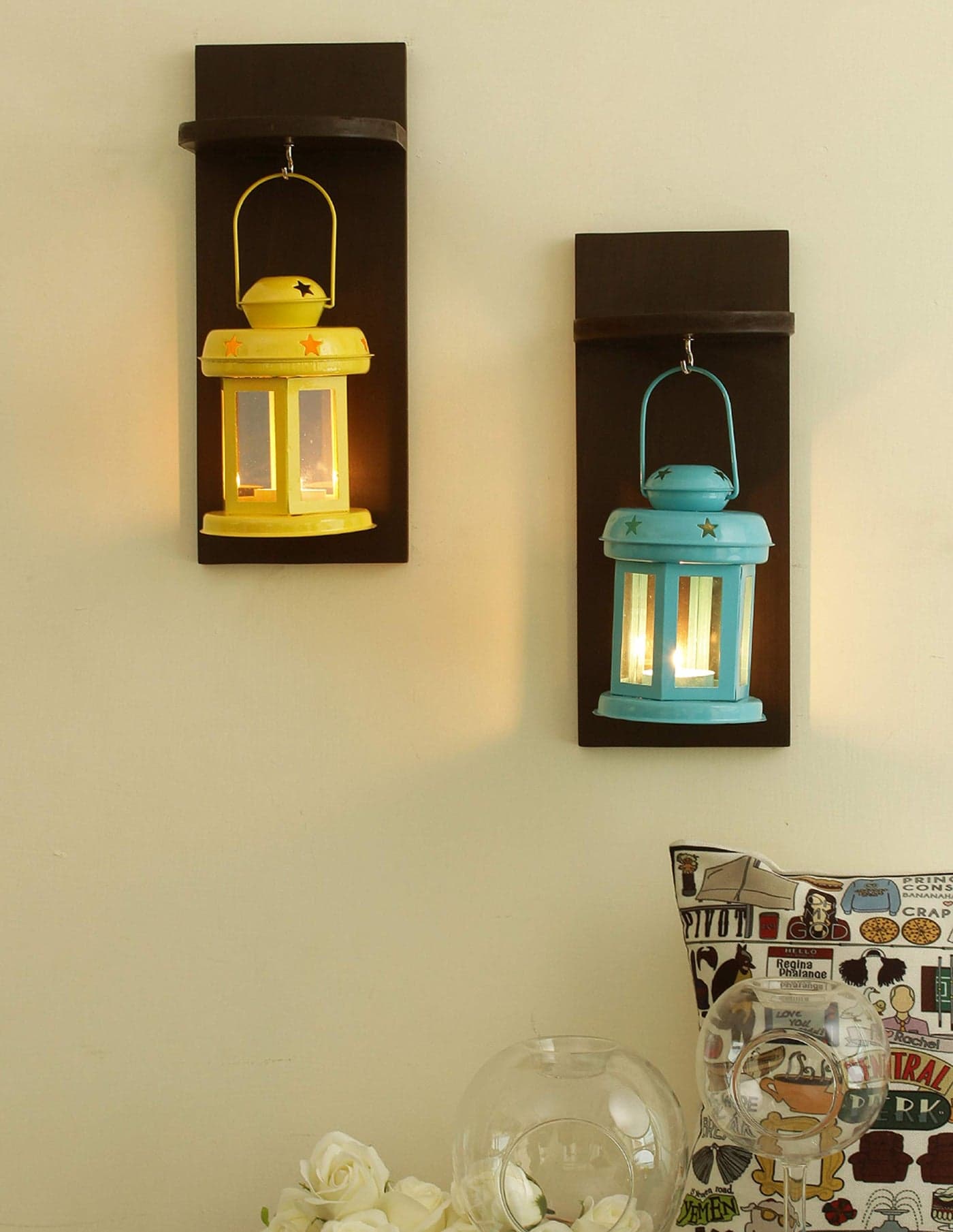 TIED RIBBONS Wood And Metal Lantern Candle Holders And Wall Shelf, Pack of 2 Lantern Candle Holders , 2 Wall Shelf , 2 Tealight Candle