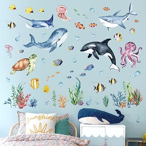 decalmile Under The Sea Watercolor Fish Wall Decals Ocean Dolphin Sea Turtle Seaweed Wall Stickers Living Room Bedroom Bathroom Wall Decor