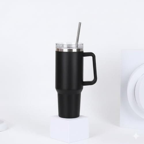 KRySt Stainless Steel Insulated Tumbler with Handle and Steel Straw | 1200ml Reusable Double Wall Vacuum Travel Mug | Hot & Cold Beverage Cup for Office, Home, and Outdoor Use (Black)