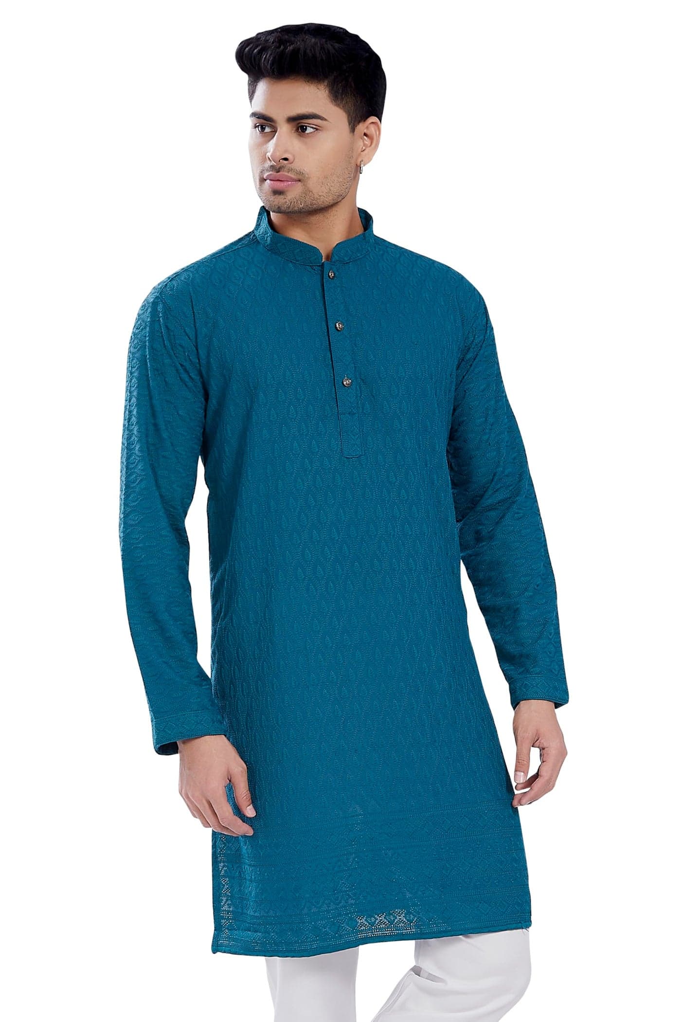 DIVISIVE Men's Thread Embroidered Cotton Blend Only Slim Fit Kurta (DKRT722_XXL_Turquoise)