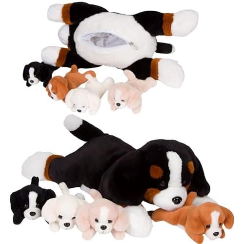 PixieCrush Dog Stuffed Animals Bernese Mommy with 4 Puppies in Her Tummy Huggable and Fluffy Dog Plushies for Imaginative Play Plush Toys Suitable for Kids 3 Years Old and Above 5 x 10 x 8