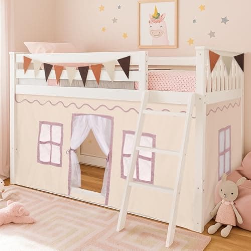 Breling 3 Panel Bunk Bed Curtains for Bottom Loft Bed Tent Set with Felt Flag Double-Layer Twin Bunk Curtains Playhouse Accessories for Boy Girl Bedroom(Cream,Classic)