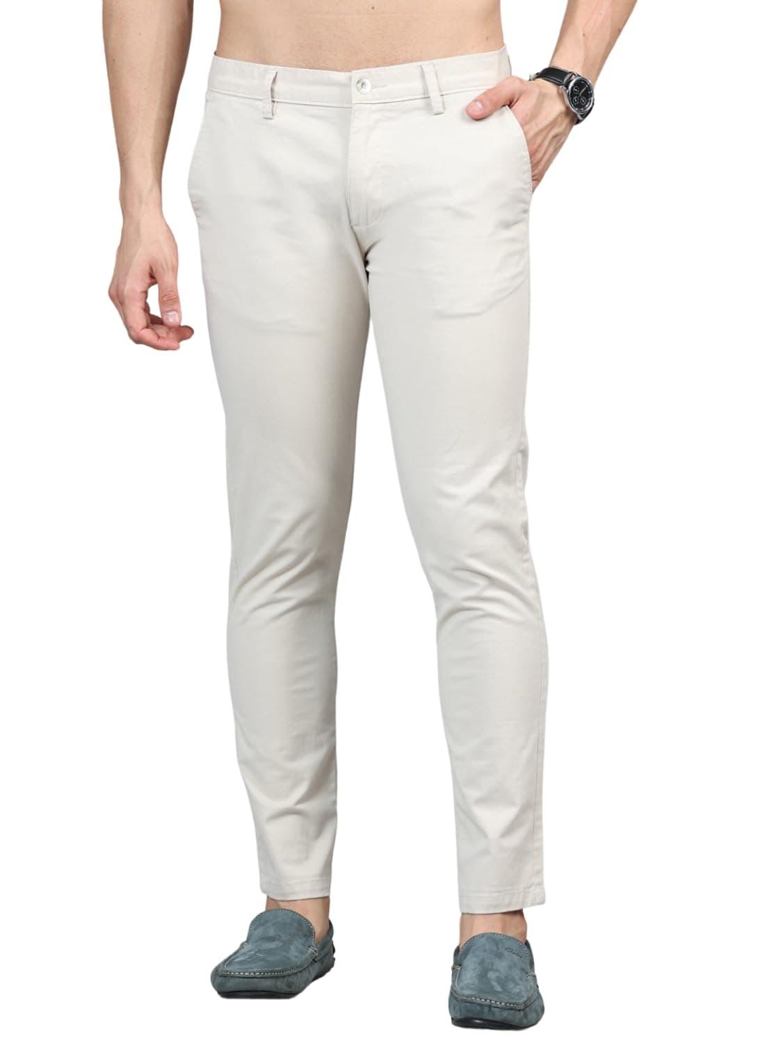 Jack and Jini Men Casual Stretchable Cotton High Rise Pants | Chinos | Trousers (Regular Fit) (in, Numeric, 40, Regular, Cream)
