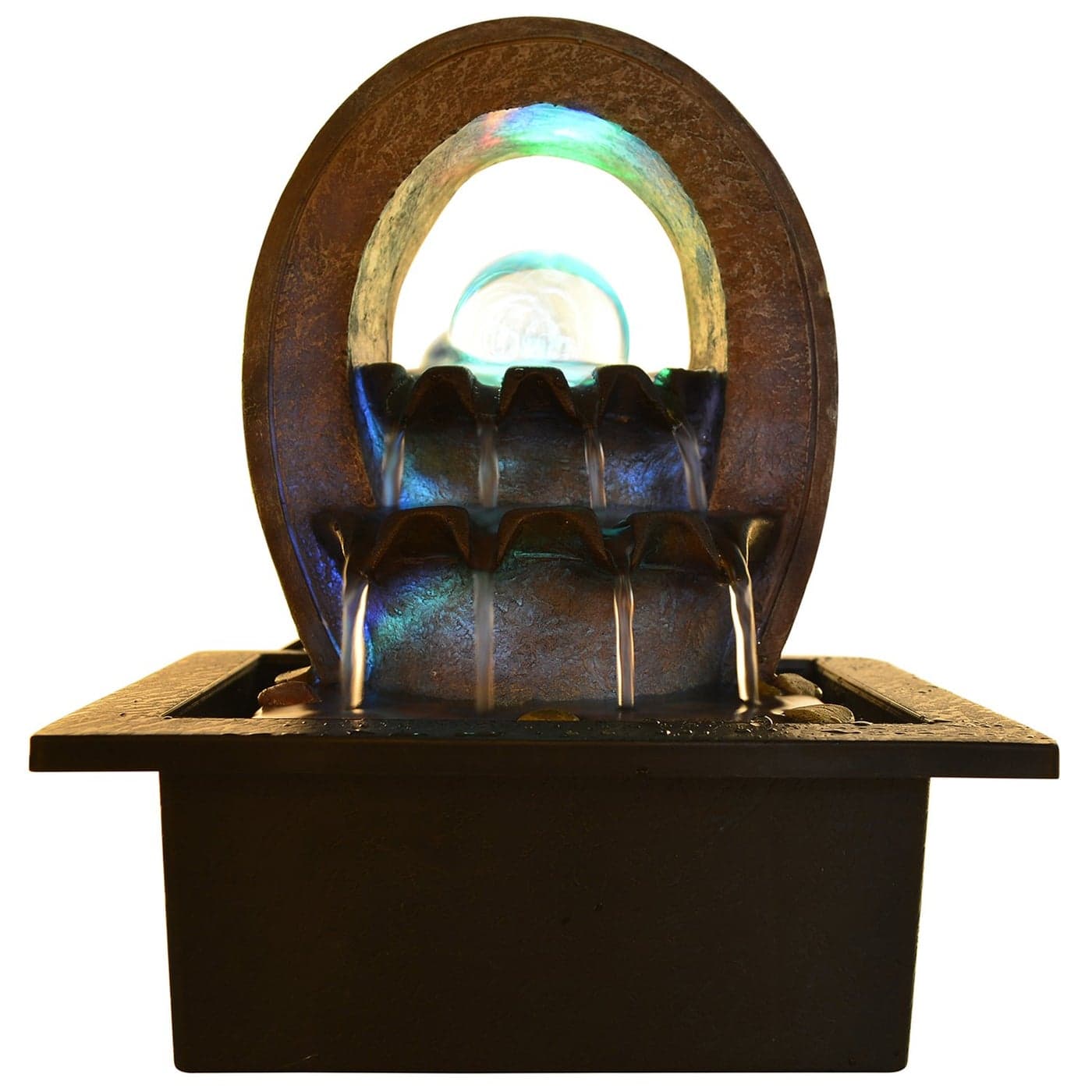 INDIANA CRAFT Polyresin Brown Designer Oval Table Top Indoor 2 Steps Waterfall Fountain with Yellow LED Lights Water Flow Controller Pump and Crystal Ball Size 25 x 21 x 185CM Weight 1180grm