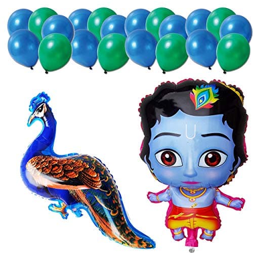 Masti Zone Pack Of 4 pcs (3 Krishna+1Peacock) Peacock Foil Balloons With 50 Green Blue Balloons peacock Krishna Theme Party Decoration (Peacock Theme 13)