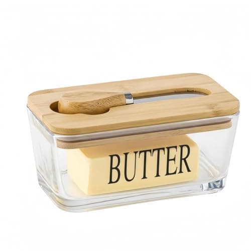 Ymeibe Glass Butter Dish with Bamboo Lid and Knife, 500 mL Airtight Cheese Storage Container for Countertop Butter Keeper for Fridge (Smooth, 16 fl oz)