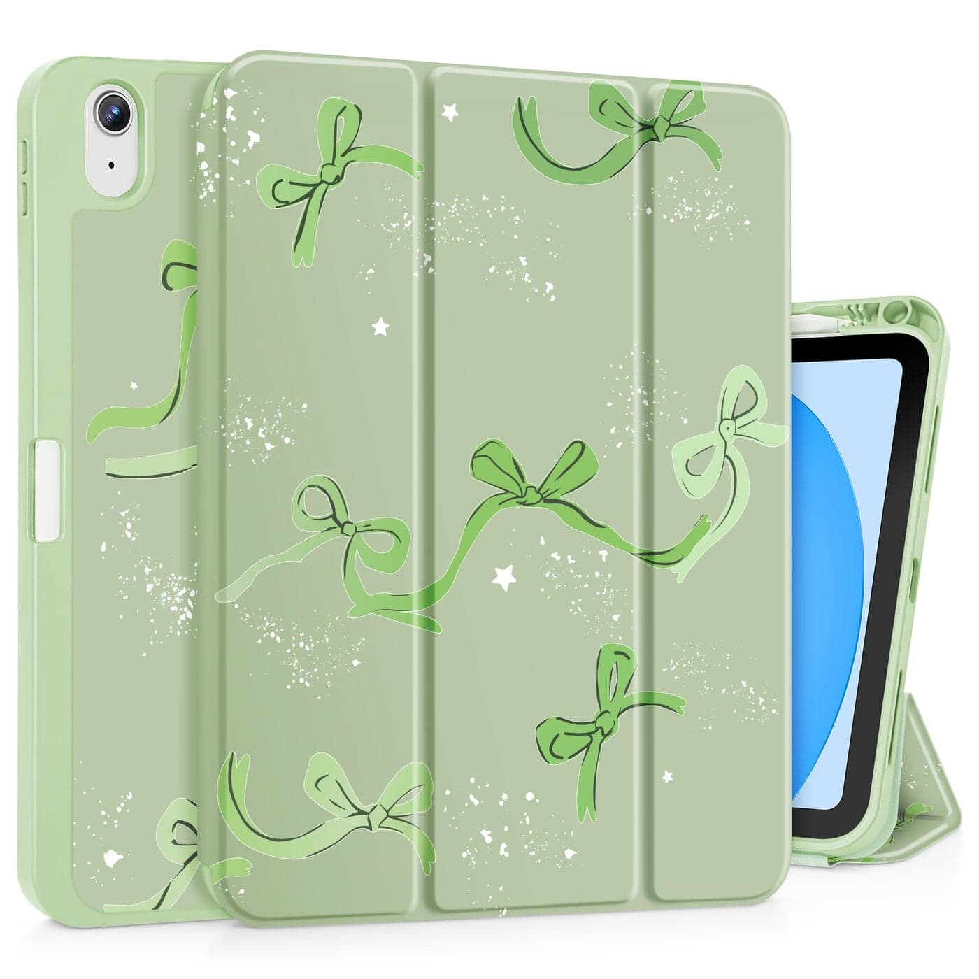 Tuiklol Case for iPad 11 inch A16 Chip 2025 Generation 11th iPad 109 inch 2022 10th GenSlim Stand Hard Case Pencil Holder with TPU Back Cover Trifold Stand Auto WakeSleep BowGreen