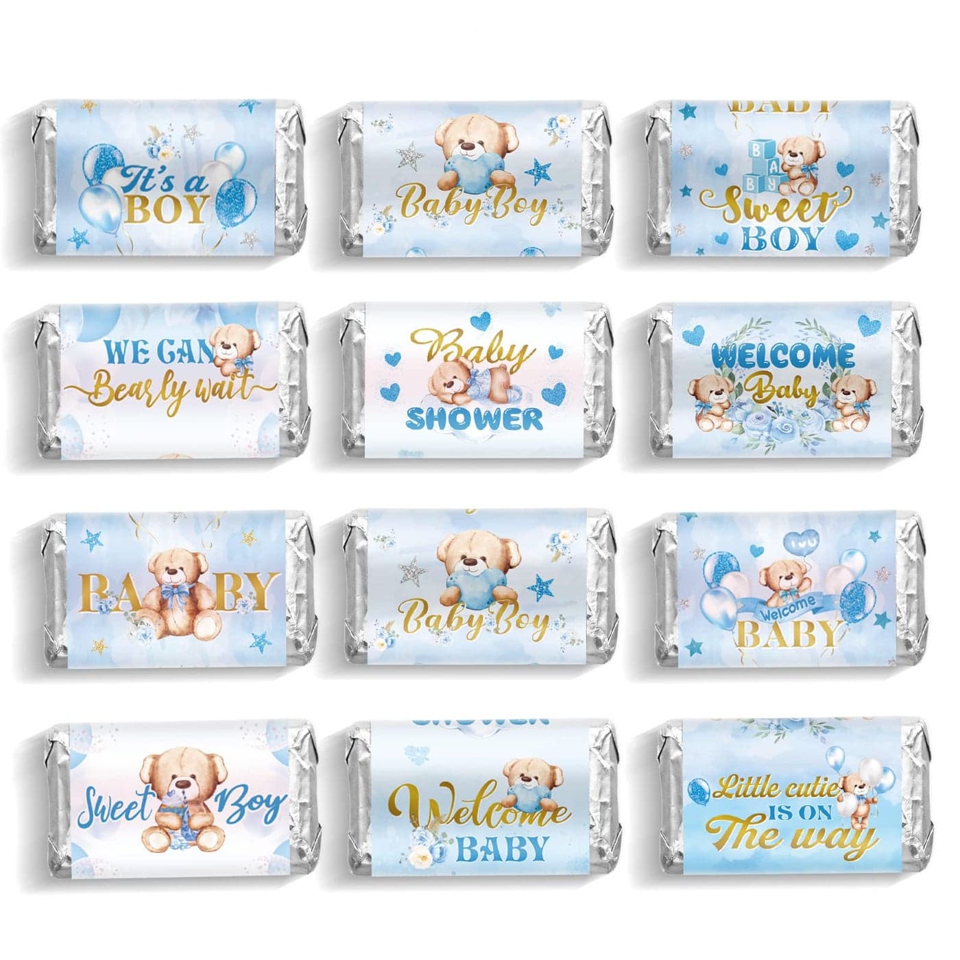 Clabby 90 Pcs Blue Bear Baby Shower Candy WrappersMini Candy Bar Miniatures Wrappers Chocolate Bar Label Stickers for Baby Shower Decor