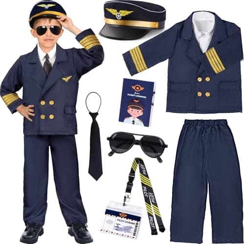 Latocos Pilot Aviator Costume for Kids Boys Girls Ages 3-12 Airline Captain Uniform Air Force Flight Suit for Career Day Dress Up Birthday Gifts Halloween Cosplay