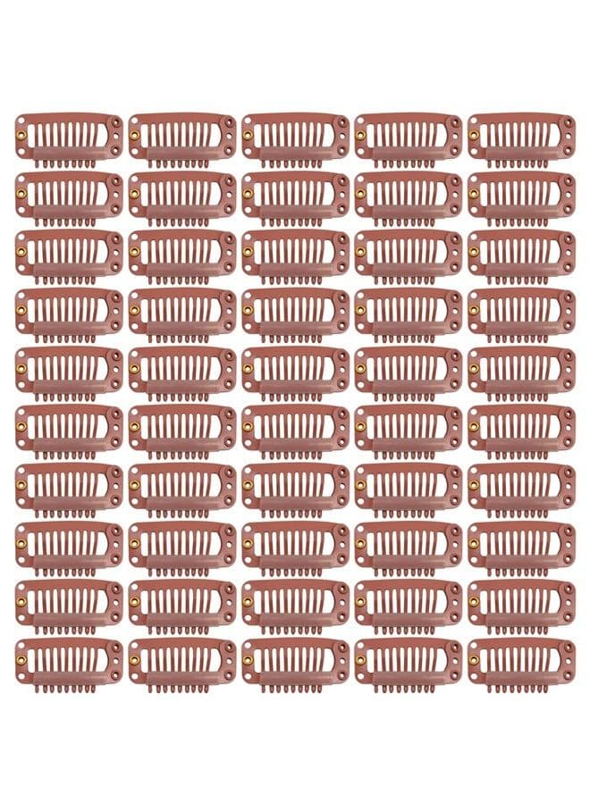 50 Pcs Hair Extension Clips 32mm 9-teeth Wig Clips Metal Snap Hair Clips with Rubber Silicone Back for Wigs Hairpiece Accessories DIY Clips (Light Brown)